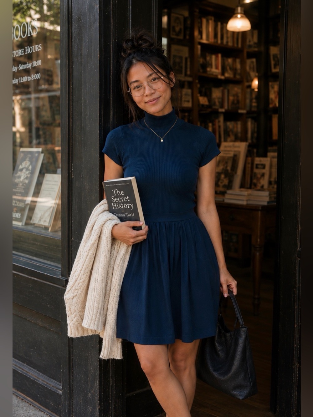 Women’s Navy Short-Sleeve Turtleneck Fit-and-Flare Dress